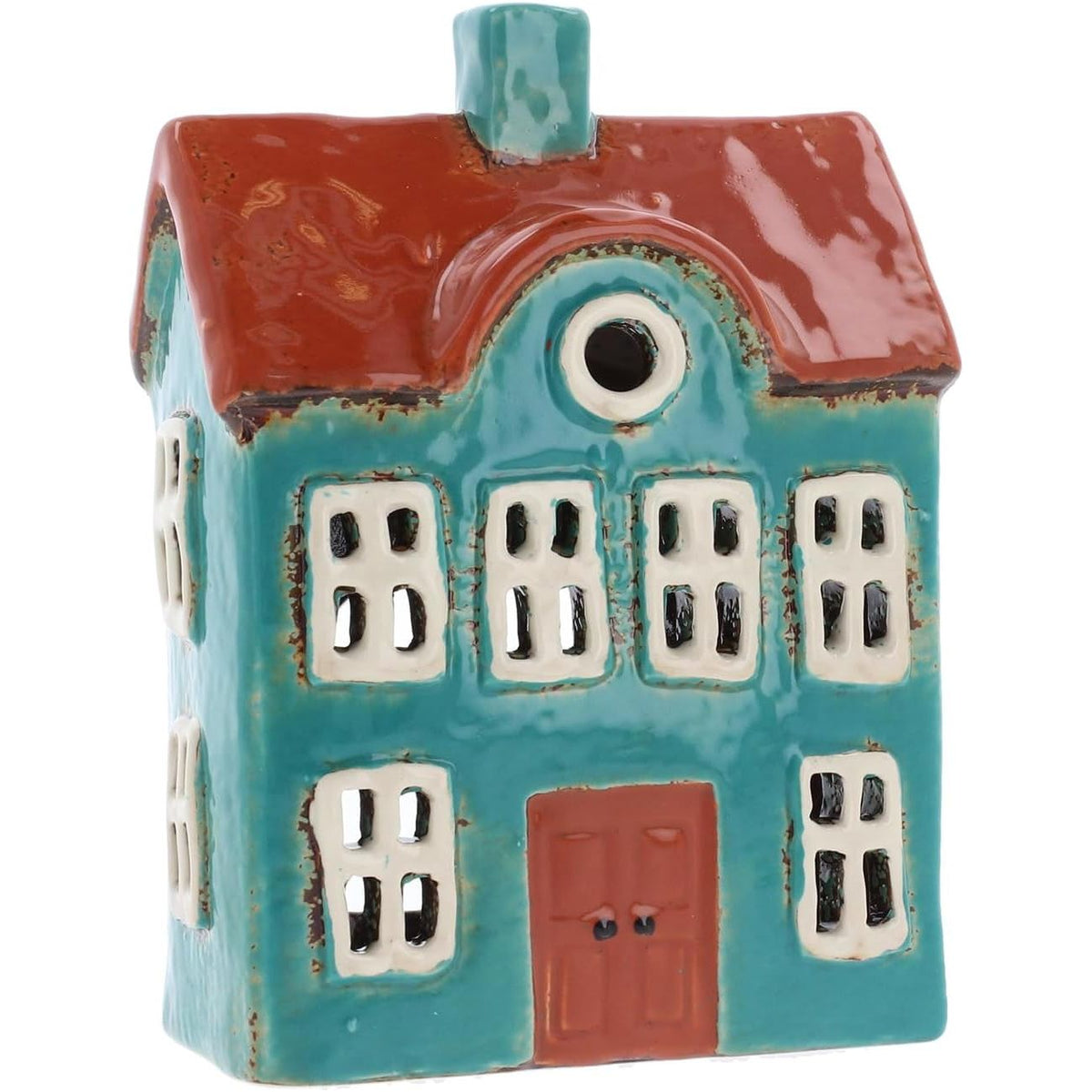 Village Pottery Green &amp; Burnt Orange Candle Tealight House