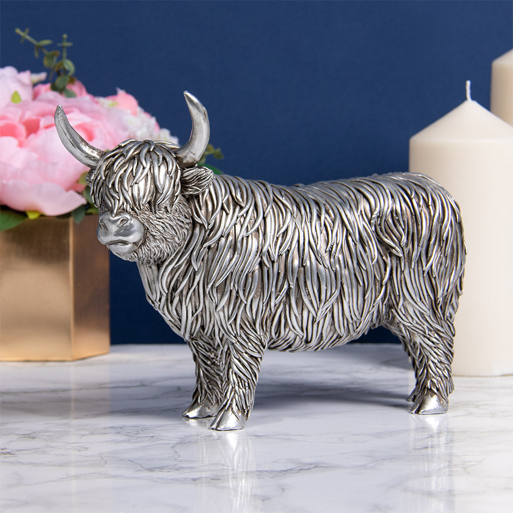 Silver Highland Cow Figurine Ornament