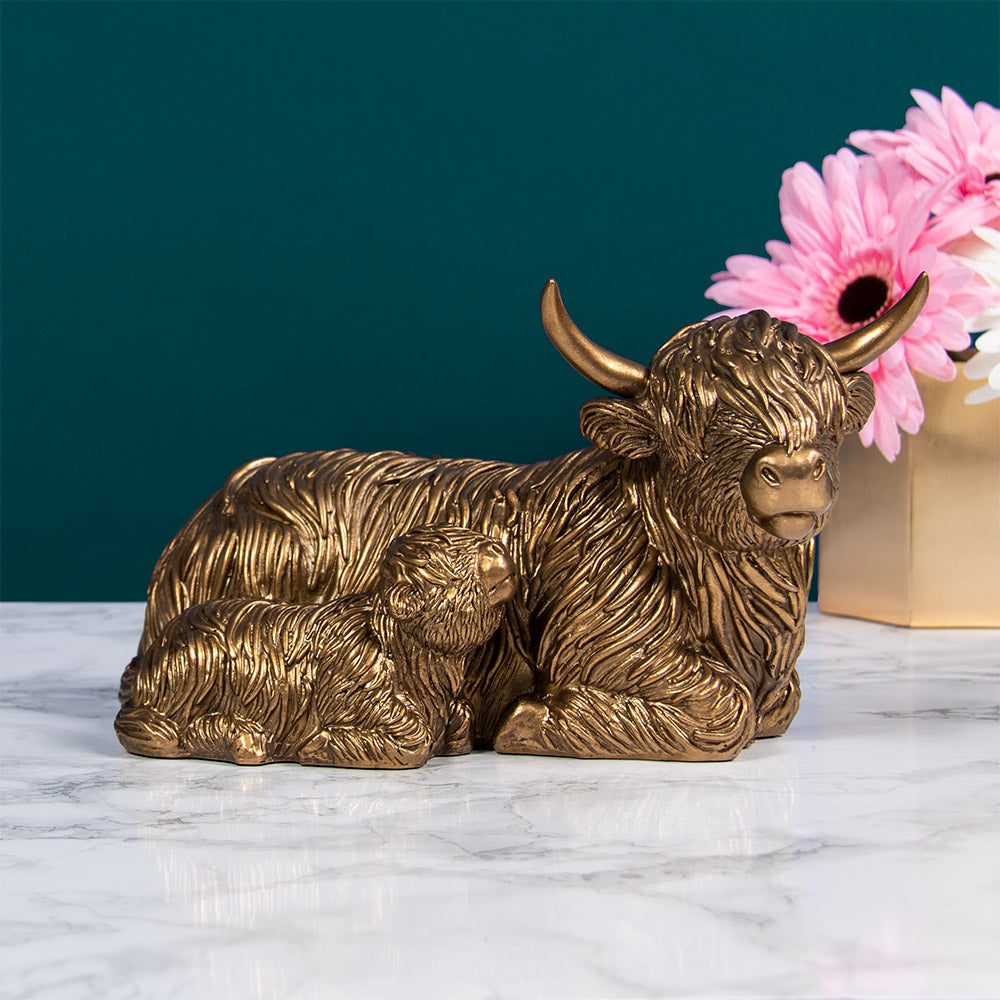 Bronze Lying Highland Cow &amp; Calf Figurine Ornament