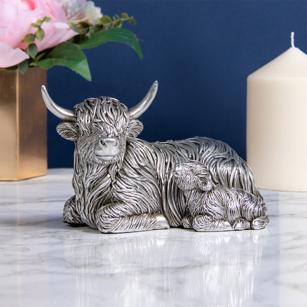 Silver Lying Highland Cow &amp; Calf Ornament