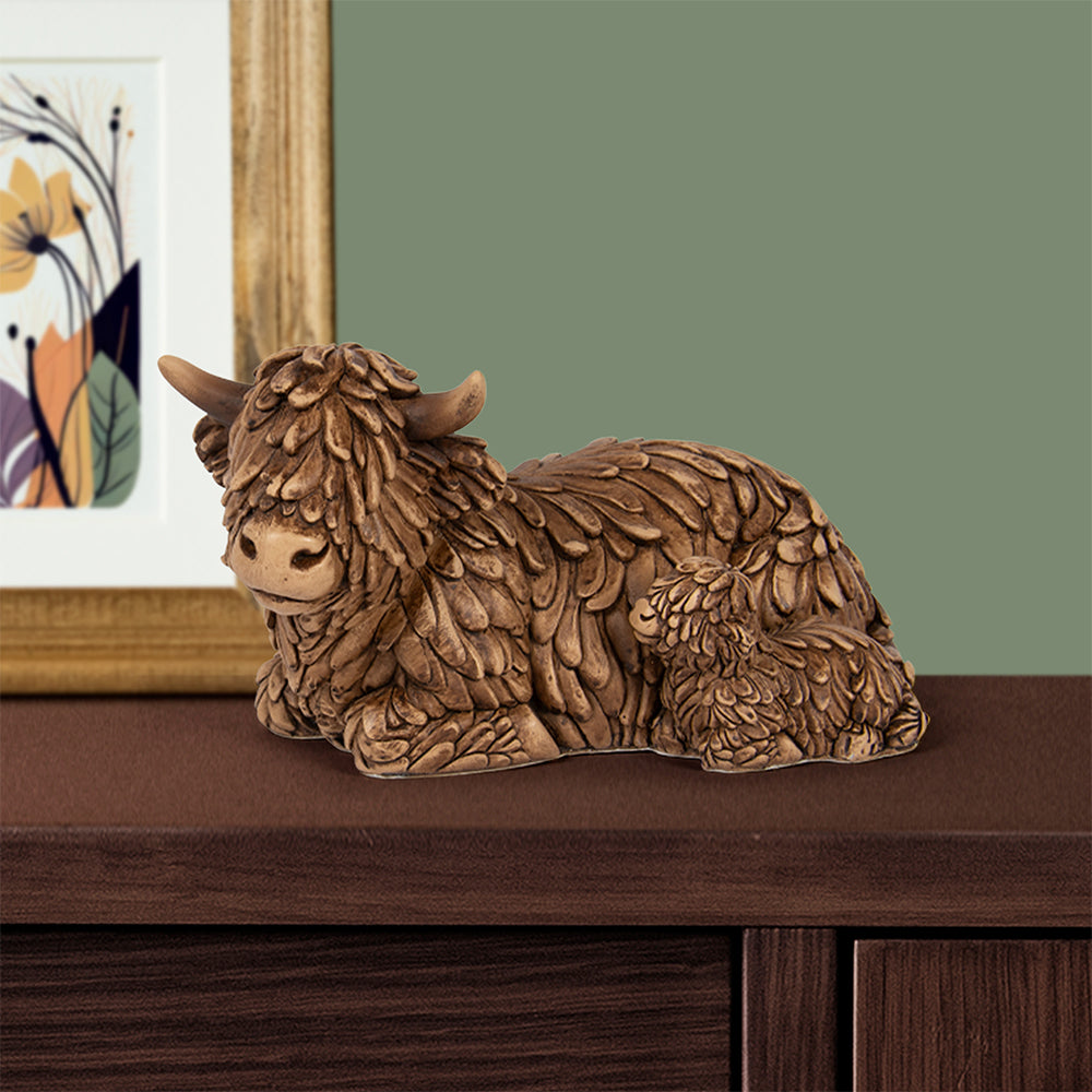 Highland Cow &amp; Calf Lying Figurine Ornament