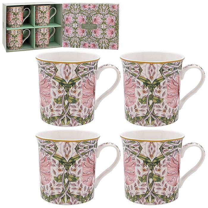 Set of 4 William Morris Pink Pimpernel Fine China Mugs