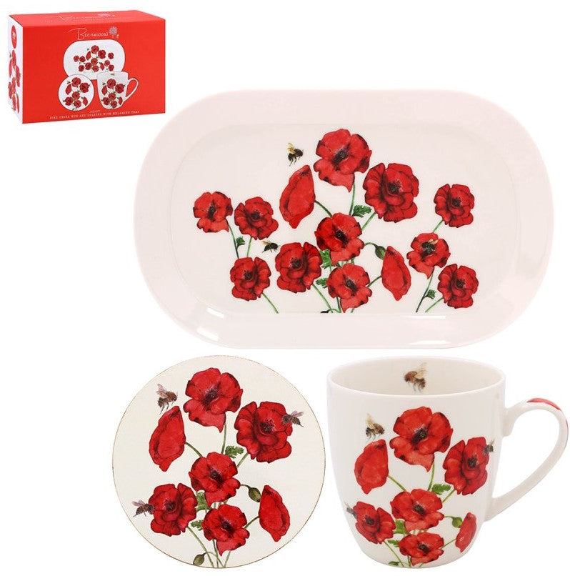 Bee-Tanical Mug, Coaster and Tray Set Poppy