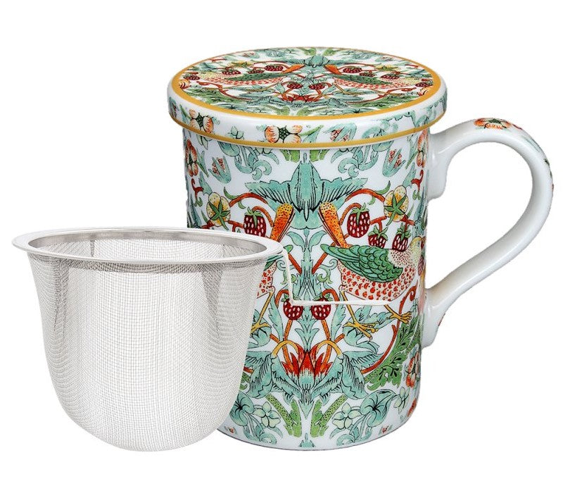 William Morris White Strawberry Thief Mug, Infuser &amp; Coaster Set