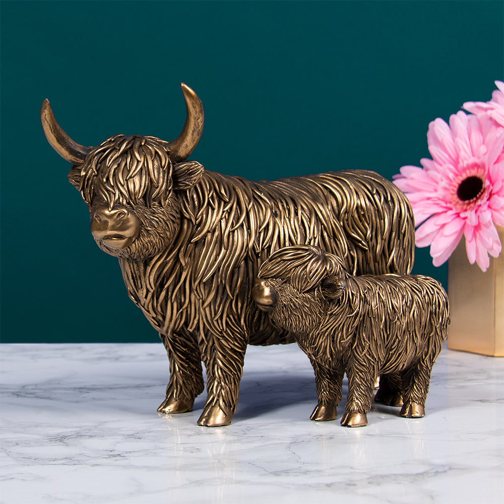 Bronze Highland Cow &amp; Calf Figurine Ornament