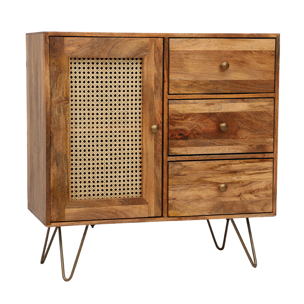 Rattan Brown Mango Wood 3 Drawer Sideboard